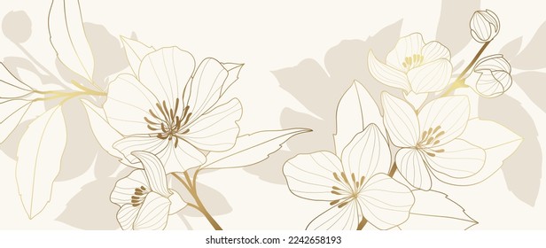 Luxury floral golden line art wallpaper. Elegant golden cherry blossom flowers pattern background. Design illustration for decorative, card, home decor, invitation, packaging, print, cover, banner.