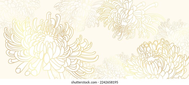 Luxury floral golden line art wallpaper. Elegant gradient gold mums flowers pattern background. Design illustration for decorative, card, home decor, website, packaging design, print, cover, banner.