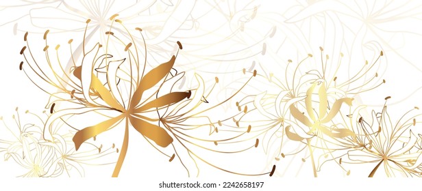 Luxury floral golden line art wallpaper. Elegant gradient gold spider lily flowers pattern background. Design illustration for decorative, card, home decor, website, packaging, print, cover, banner. svg