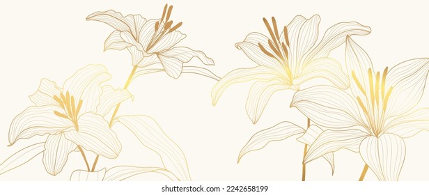 Luxuriöse Tapete aus goldener Linie. Eleganter Farbverlauf-goldener Lilienblumen-Musterhintergrund. Design-Illustration für Dekoration, Karte, Innendekor, Einladung, Verpackung, Druck, Cover, Banner.