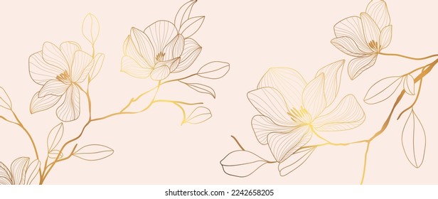 Luxury floral golden line art wallpaper. Elegant gradient gold magnolia flowers pattern background. Design illustration for decorative, card, home decor, invitation, packaging, print, cover, banner.
