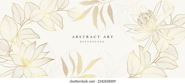 Luxury floral golden line art wallpaper. Elegant gradient gold wildflowers and eucalyptus leaf branch pattern background. Design for wedding card, frame, home decor, invitation, print, cover, banner.