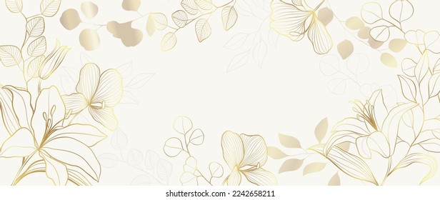 Luxury floral golden line art wallpaper. Elegant gradient gold lily flowers and eucalyptus leaf branch pattern background. Design for wedding card, frame, home decor, invitation, print, cover, banner.