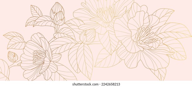 Papel tapizados de lujo de la línea dorada floral. Elegante gradiente oro de fondo de flores de rosa salvaje. Ilustración de diseño para decoración, tarjeta, decoración de casa, invitación, embalaje, impresión, portada, banner.