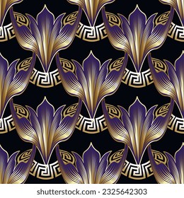 Luxury floral greek style 3d seamless pattern. Ornamental modern beautiful vector background. Repeat ornate backdrop. Greek key meanders ornament with vintage flowers, curves. Surface endless texture.