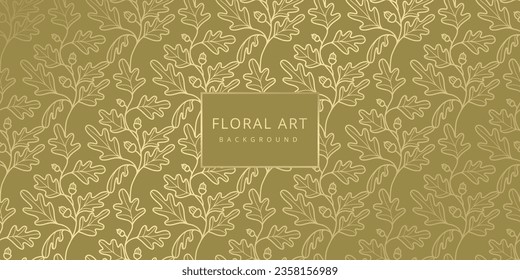 Luxury floral green abstract background with gold hand drawn oak leaves and acorns. Vector design for postcard, wall poster, business card, flyer, banner, wedding invitation, print, cover, wallpaper