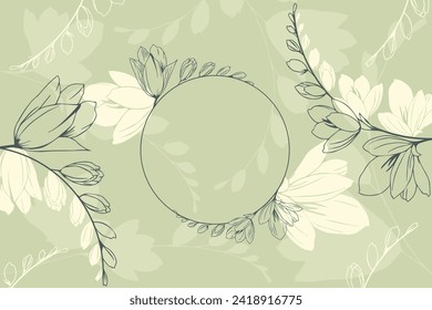 Luxury floral green abstract background with handmade flowers. Vector design template for postcard, wall poster, business card, flyer, banner, wedding invitation, print, cover, wallpaper