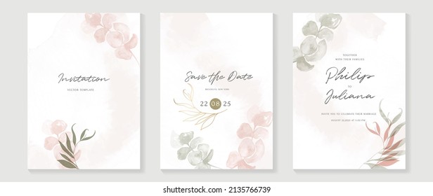 Luxury floral invitation card template. Floral watercolor wedding set design with flowers, eucalyptus leaves and branches. Elegant with gold line art collection suitable for banner, flyer, greeting.