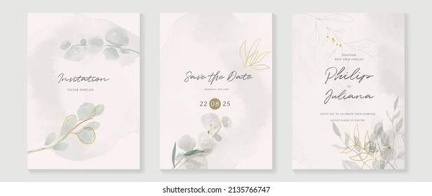 Plantilla de tarjeta de invitación floral de lujo. Diseño de bodas acuarelas florales con flores, hojas de eucalipto y ramas. Elegante con colección de arte de línea dorada adecuada para banner, volante, saludo.