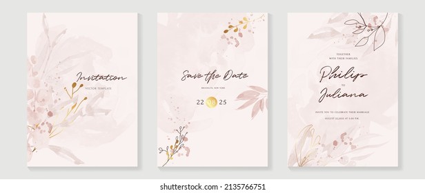 Luxury floral invitation card template. Pink watercolor wedding set design with flower, eucalyptus leaves and branches. Elegant with gold line art collection suitable for banner, flyer, greeting.