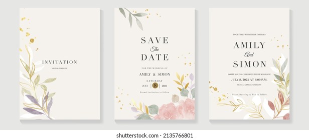 Luxury floral invitation card template. Foliage watercolor wedding set design with flowers, eucalyptus leaves and branches. Elegant with gold line art collection suitable for banner, flyer, greeting.