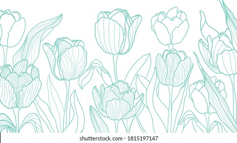 luxury floral line art wallpaper vector. Exotic botanical background, Tulip flower vintage boho style for textiles, wall art, fabric, wedding invitation, cover design Vector illustration.