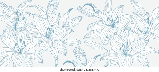 luxury floral line art wallpaper vector. Exotic botanical background, Lily flower vintage boho style for textiles, wall art, fabric, wedding invitation, cover design Vector illustration.