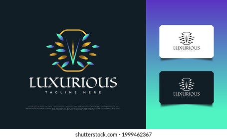 Luxury Floral Logo Design in Blue and Gold, Suitable for Spa, Beauty, Florists, Resort, or Cosmetic Product Brand Identity