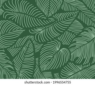 Luxury floral nature background vector. nature tropical pattern, split-leaf Philodendron plant with monstera plant line arts, Vector illustration.