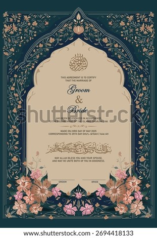 Luxury Floral Nikahnama Vector Template with intricate floral pattern illustration. Premium Print Ready Marriage Certificate Template for Muslims. 