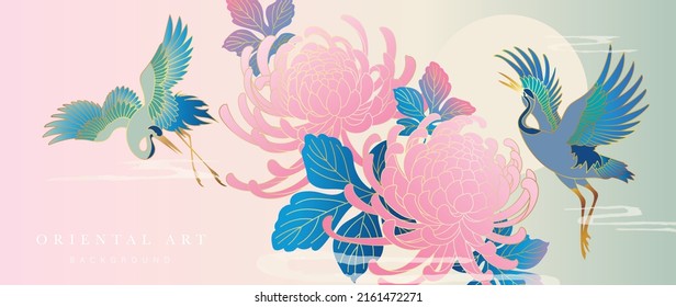 Luxury floral oriental background vector. Chinese and Japanese oriental line art with flowers, leaves, cranes, birds, gold line. Elegant blossom flowers illustration design for wall art, wallpaper.