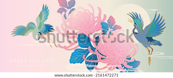 Luxury floral oriental background vector. Chinese and Japanese oriental line art with flowers, leaves, cranes, birds, gold line. Elegant blossom flowers illustration design for wall art, wallpaper.