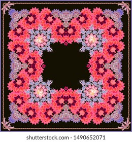 Luxury floral and paisley ornament for square shawl. Indian, russian, spanish motifs. Fantasy print in ethnic style. Fashionable accessory.