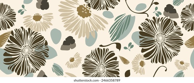 Luxury floral pattern for creating textiles, wallpaper, paper. Sand, teal and brown flowers on cream background. Seamless background with wild flowers and leaves floating. Vintage. Vector Illustration