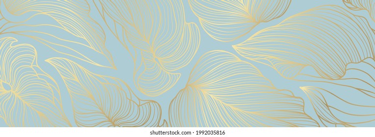 Luxury floral pattern with gold leaves on a pastel blue background. Vector illustration with plant elements in line art style for covers, advertisements, wedding invitations, cards, wallpapers 