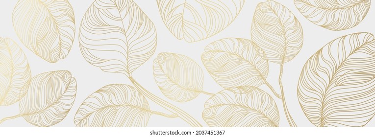 Luxury floral pattern with gold leaves on a white background. Vector illustration with plant elements in line art style for covers, advertisements, wedding invitations, cards, wallpapers 