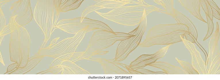 Luxury floral pattern with gold leaves on a pastel green background. Vector illustration with plant elements in line art style for covers, advertisements, wedding invitations, cards, wallpapers 