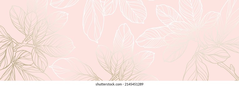 Luxury floral pattern with gold leaves on a pastel pink  background. Vector illustration with plant elements in line art style for covers, advertisements, wedding invitations, cards, wallpapers 