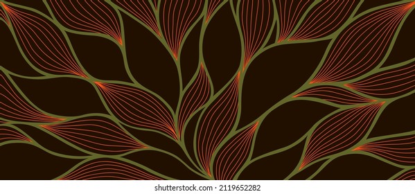 Luxury floral pattern with hand drawn leaves. Elegant astract background in minimalistic linear style. Trendy line art design element. Vector illustration.