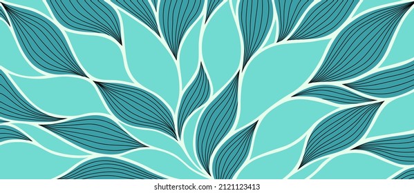 Luxury floral pattern with hand drawn leaves. Elegant astract background in minimalistic linear style. Trendy line art design element. Vector illustration.
