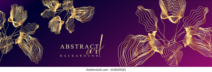 Luxury floral pattern. Petals and flowers in line art style. Style of futuristic golden lines, guilloche curves, parallels on a blue and fuchsia background. Modern vector banner.