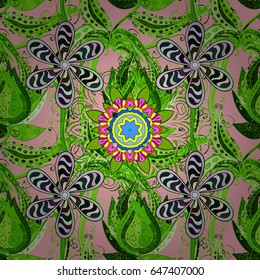 Luxury floral pattern. Round flower ornament. Decorative vintage print. Unusual greeting in oriental boho chic style. Vector invitation with colored mandala design element. Square invite template.