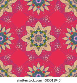 Luxury floral pattern. Round flower ornament. Vector invitation with colored mandala design element. Decorative vintage print. Unusual greeting in oriental boho chic style. Square invite template.