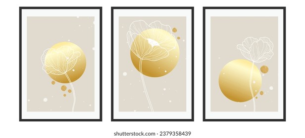 Lujoso juego de patrones florales, vector de arte mural. Línea de flores botánicas de flores con fondo geométrico dorado en forma de círculo y textura brillante. Diseño para decoración casera, tela, impresión.	
