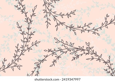 Luxury floral peach abstract background with small foliage and branches. Vector design template for postcard, wall poster, business card, flyer, banner, wedding invitation, print, cover, wallpaper