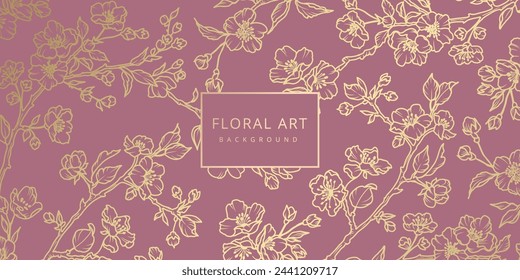 Fondo abstracto púrpura floral de lujo con flores dibujadas a mano de oro. Plantilla de diseño vectorial para tarjeta postal, póster de pared, tarjeta de visita, volante, banner, invitación de boda, impresión, cubierta, papel pintado