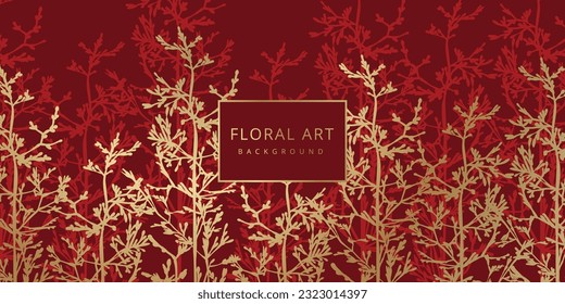 Lujoso fondo rojo floral abstracto con flores dibujadas a mano dorada. Plantilla de diseño de vectores para postales, carteles de pared, tarjeta de visita, volante, banner, invitación de boda, impresión, cubierta, papel tapiz