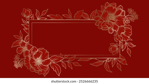 Luxury floral red background with frame with golden peony flowers in line art style. Floral pattern for Chinese New Year. Vector for card, banner, wedding invitation, cover, wallpaper, packaging