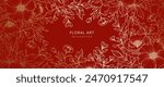 Luxury floral red background with gold hand drawn flowers. Vector design template for postcard, wall poster, business card, flyer, banner, wedding invitation, print, cover, wallpaper