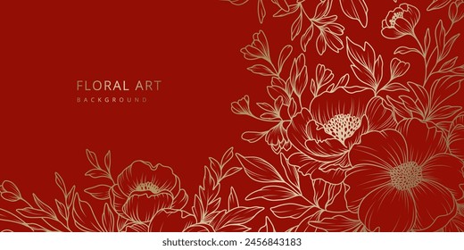 Luxury floral red background with gold hand drawn flowers. Vector design template for postcard, wall poster, business card, flyer, banner, wedding invitation, print, cover, wallpaper