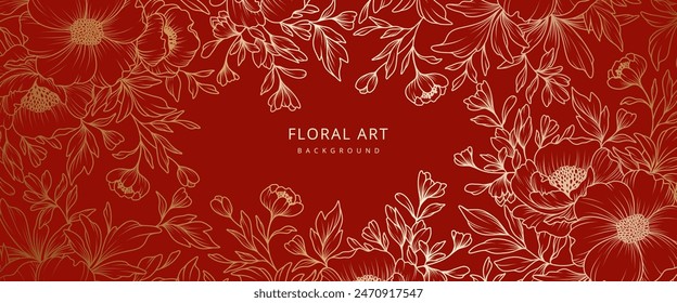 Luxury floral red background with gold hand drawn flowers. Vector design template for postcard, wall poster, business card, flyer, banner, wedding invitation, print, cover, wallpaper