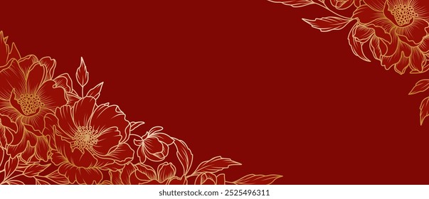 Fundo vermelho floral de luxo com flores Peony douradas em estilo de arte de linha. Padrão floral para Ano Novo Chinês. Vetor para cartão, banner, convite de casamento, capa, papel de parede, embalagem, publicidade    