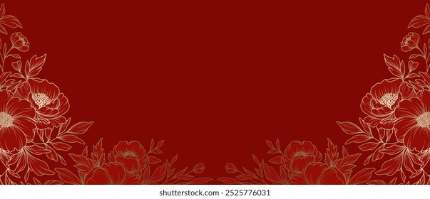 Luxury floral red background with golden Peony flowers in line art style. Floral pattern for Chinese New Year. Vector for card, banner, wedding invitation, cover, wallpaper, packaging, advertising    