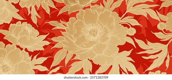 Luxury floral red background with golden Peony flowers. Floral pattern for Chinese New Year. Asian Lunar New Year holiday. Vector for card, banner, cover, wallpaper, packaging, advertising