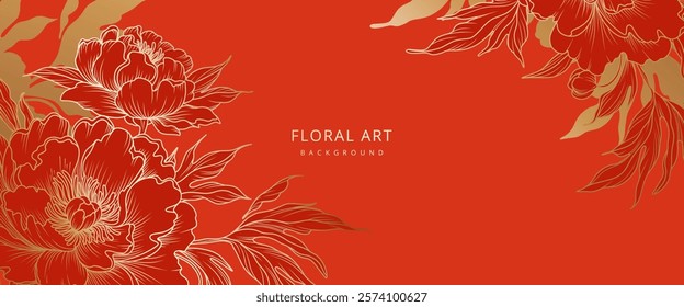 Luxury floral red background with golden Peony flowers. Floral pattern for Chinese New Year. Asian Lunar New Year holiday. Vector for card, banner, cover, wallpaper, packaging, advertising