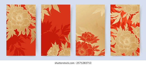 Luxury floral red backgrounds with golden Peony flowers. Floral pattern for Chinese New Year. Asian Lunar New Year holiday. Vector for card, banner, cover, wallpaper, packaging, advertising