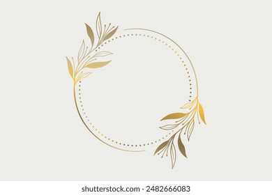 Luxury floral round frame with golden leaves, Botanical and floral logo elements, Hand drawn leaves branch, Vector isolated illustration