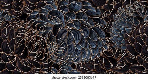 Luxury floral seamless abstract pattern with golden chrysanthemum flowers. Hand drawn background for printing on fabric, wallpaper, paintings, invitations to ceremonies.