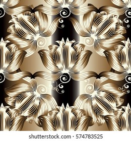 Luxury floral seamless pattern with 3d gold flowers, swirl  leaves and vintage antique ornaments. Modern  background. Vector illustration. Surface golden  texture for wallpapers, fabric, textiles.