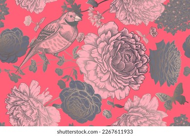Luxury Floral seamless pattern. Blooming flowers, birds and butterflies. Garden flowers Roses, Peonies, Hydrangea. Vintage background for paper, wallpaper, textile. Vector illustration.